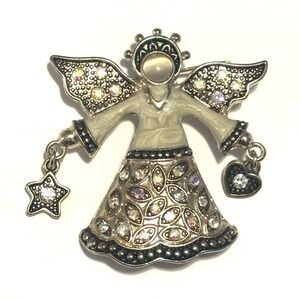 KC Angel Brooch Silver Tone Enamel Rhinestone Dangle Star Heart Cat Eye Cabochon